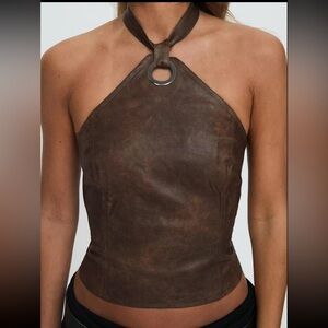 Elegant Brown Leather Halter Crop Top